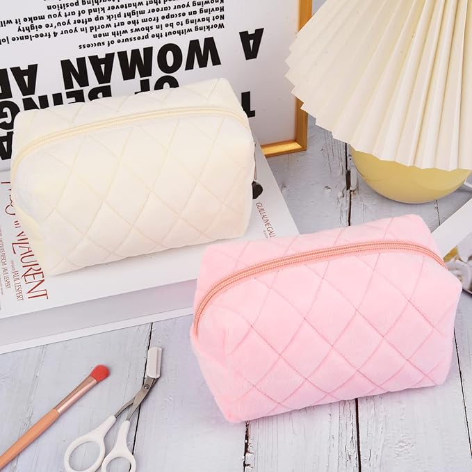 SOIDRAM 2 Pieces Makeup Bag Checkered Cosmetic Bag Plush Pink White Makeup Pouch Travel Toiletry Bag Organizer Cute Makeup Brushes Storage Bag for Women
