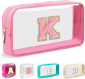 Small Clear Personalized Initial Makeup Bag,Nylon Preppy A-Z Chenille Letter Patch Cosmetic Pouch Beach Toiletry Bag,Waterproof Zipper Travel Purse Storage Bag Organizer for Women Girls(Pink-Pink K)