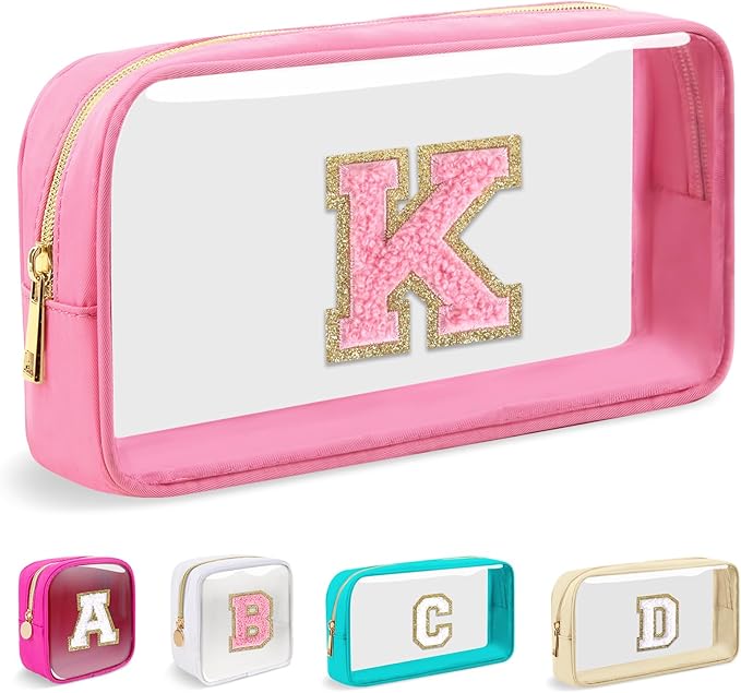 Small Clear Personalized Initial Makeup Bag,Nylon Preppy A-Z Chenille Letter Patch Cosmetic Pouch Beach Toiletry Bag,Waterproof Zipper Travel Purse Storage Bag Organizer for Women Girls(Pink-Pink K)