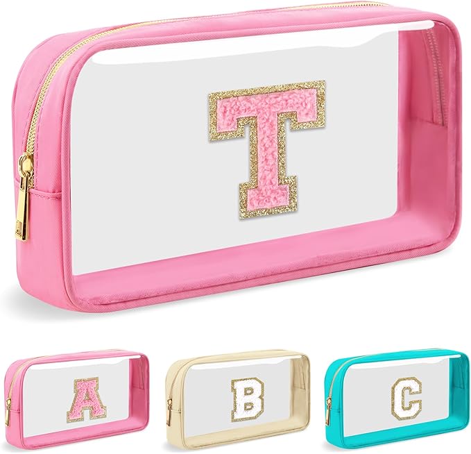 Personalized Initial Letter Clear Makeup Bag,Preppy Small Nylon&PVC Cosmetic Zipper Bag with Chenille Letter,Portable Beach Travel Skincare Toiletry Bag,Trendy Monogram Gift for Teen Girls Women,T