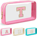 Personalized Initial Letter Clear Makeup Bag,Preppy Small Nylon&PVC Cosmetic Zipper Bag with Chenille Letter,Portable Beach Travel Skincare Toiletry Bag,Trendy Monogram Gift for Teen Girls Women,T