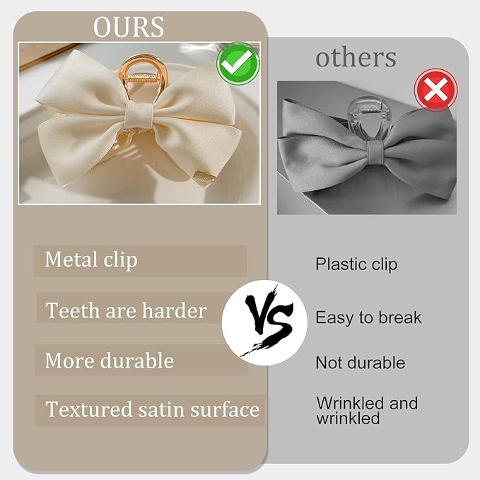 YONOY 3PCS Metal Claw Hair Clips for Women & Girls - Premium Bow-knot Nonslip Claw Clips for Thick & Thin Hair, Big Bows (Black, White, Khaki)