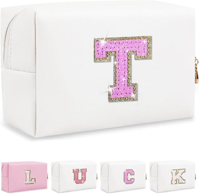 Personalized Initial Makeup Bag, Preppy Glitter Letter Cosmetic Pouch, PU Waterproof Zipper Travel Toiletry Bag - Unique Letter Patch Organizer Gift for Women & Teen Girls
