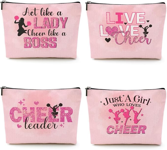 Cheerleader Gifts, 4 Pcs Cheer Makeup Bag Cheer Gifts Cheer Stuff Cosmetic Bag Cheerleading Gifts for Women Girls Friends Teammates Travel Toiletry Bag, Graduation Birthday Gifts Cheer Team Gifts