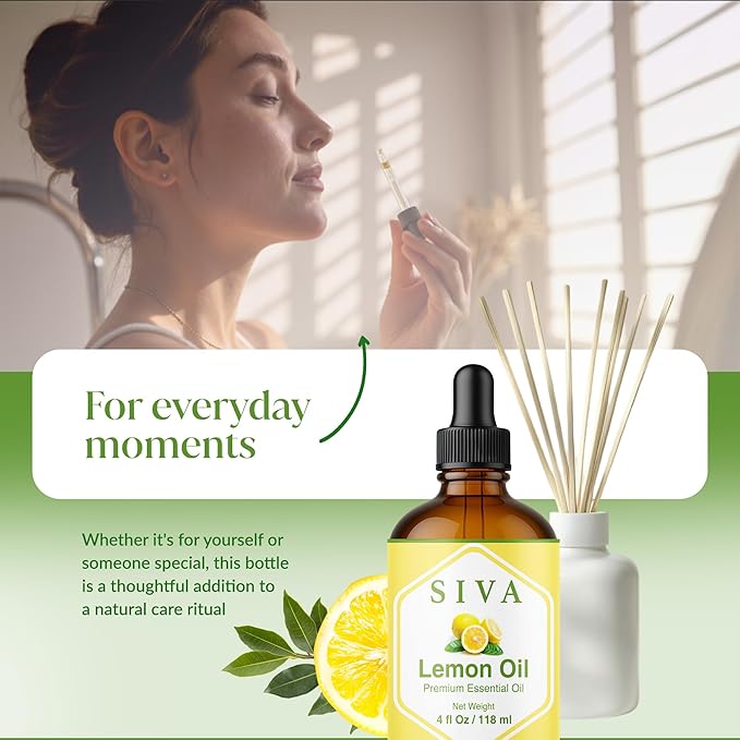Siva Lemon Essential Oil - 4 Fl Oz – 100% Natural Lemon Oil - for Diffuser, Face, Skin Care, Aromatherapy, Hair Care, Scalp and Body Massage - with Dropper