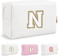 Chenille Letter Personalized Initial Preppy Makeup Bag, Small Travel Cute White Cosmetic Zipper Pouch Toiletry Bags, Waterproof PU Monogram Make Up Organizer Gift for Nieces Mom Teacher(Letter N)
