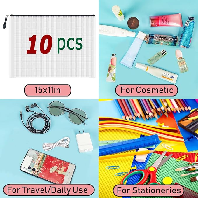 AUSTARK 10 Pcs Zipper File Bags, Waterproof Plastic Mesh Pouch for Office School, Board Game Storage Bags (B4 Size 15''x11'', White and Black)