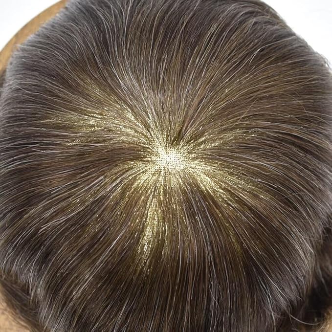 Toupee for Men French Lace Center Human Hair Replacement Systems Transparent Lace Center Hair Piece Mens Toupee Hair Units for Man V-Looped Male Hair Prosthesis 7"X9" #320 Dark Brown with 20% Gray