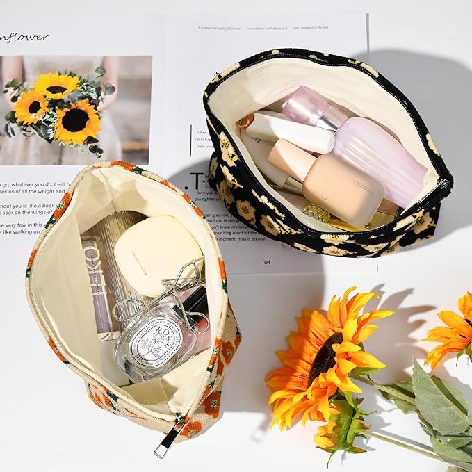 SOIDRAM 2 Pieces Flower Makeup Bag Large Corduroy Cosmetic Bag Capacity Canvas Travel Toiletry Bag Organizer Cute Makeup Brushes Aesthetic Accessories Storage Bag for Women, Flower L Orang Black