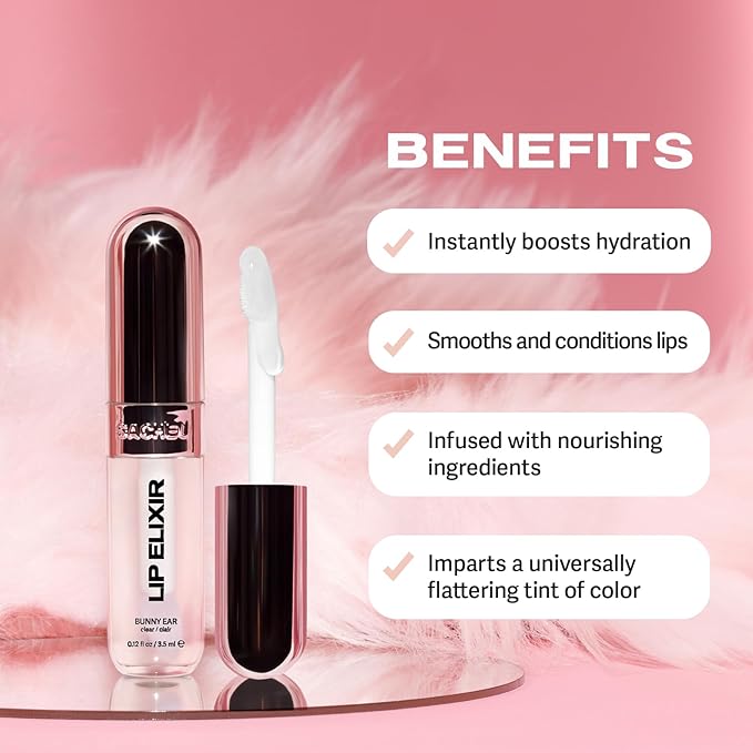 Sacheu Lip Elixir Nourishing and Hydrating Lipgloss — Moisturizing Plumping Lip Gloss Enriched with Collagen, Non-Sticky Lip Color Smooth High-Shine Finish, Vegan & Cruelty-Free, Bunny Ear (Clear)