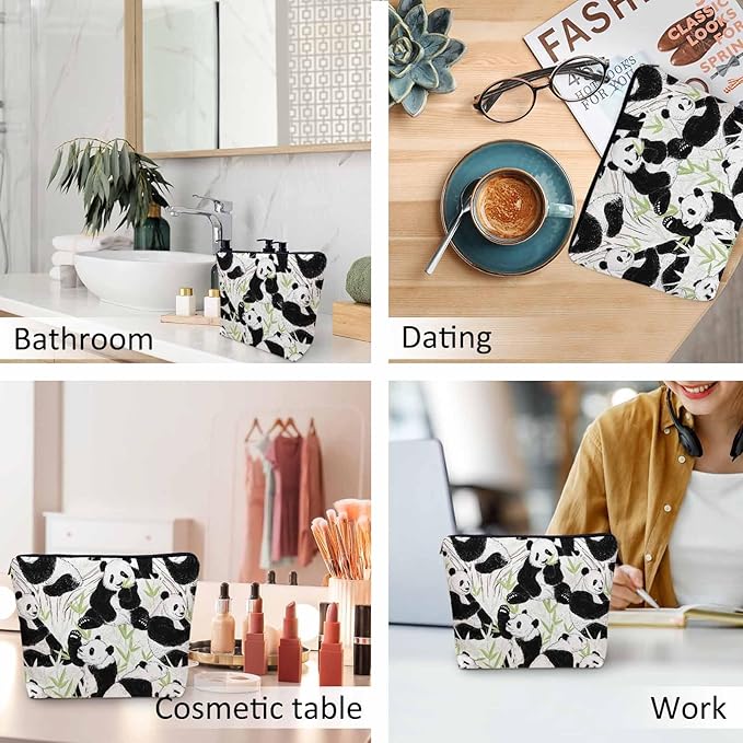 Panda Makeup Organizer Bag Cosmetic Bag For Men Women, Cute Pandas Forest Bamboo Leaves Panda Travel Toiletry Bag Flax Makeup Bags Purse Business Makeup Pouch For Toiletries Cosmetics