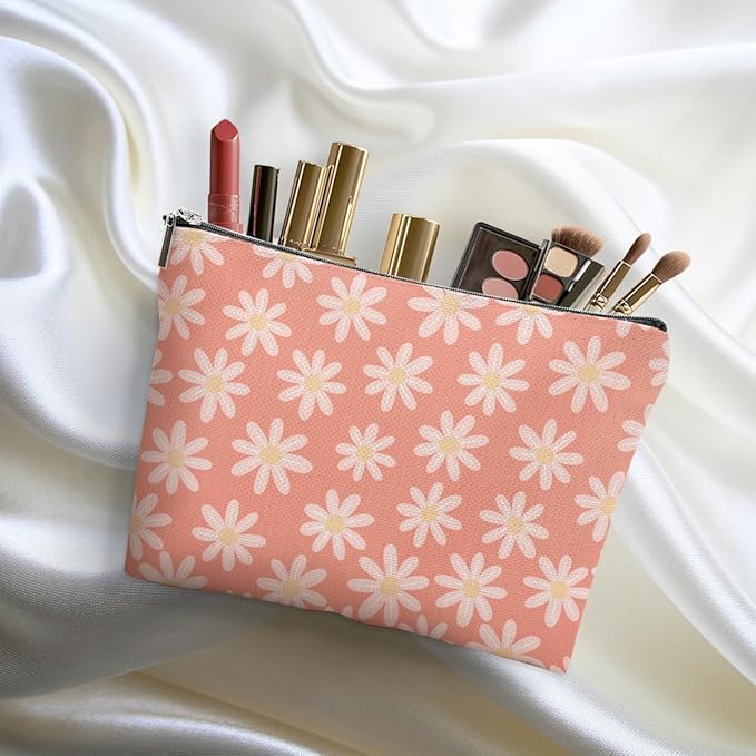 Vintage Daisy Flowers Makeup Bag Floral Cosmetic Bag Friend Friendship Gifts for Women Girls Sister Coworker Bestie Botanical Travel Organizer Zipper Pouch Christmas Thanksgiving Birthday Gifts