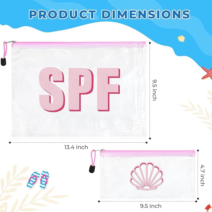 SOIDRAM 2PCS SPF Makeup Bag Clear Zippered SPF Bag Cosmetic Pouch Waterproof Travel Toiletry Organizer for Women Varsity Letter Patch Beach Pool Essentials