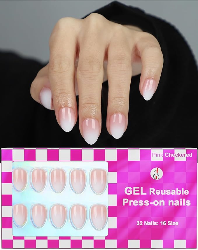 16 size super short almond press on nails for women,32 pcs Ombre petite oval nails with glue and stick ，Ombre