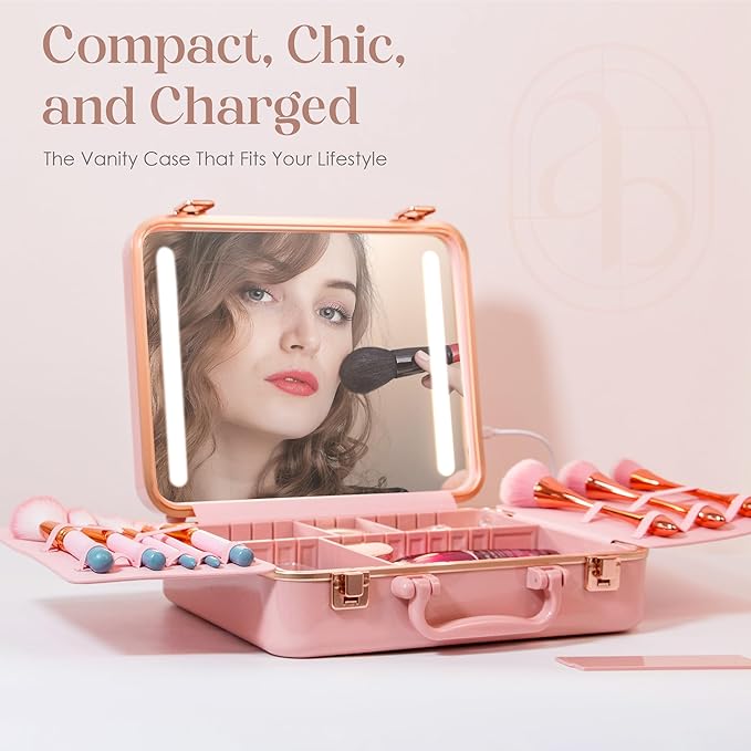 Air Makeup Beauty Box - Makeup Bag with LED Lighted Mirror, Professional Mini/Large Cosmetic Organizer - Portable Vanity & Makeup Case for Travel (Beauty Box, Blush Pink)