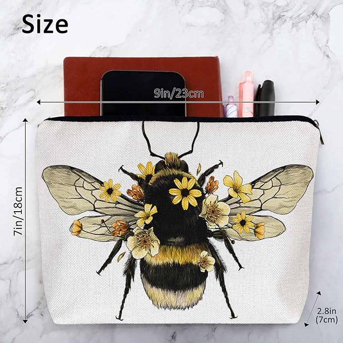 Women Makeup Organizer Bag Bumblebee Bumblebee Honey Bee Sunflowers Yellow Flax Cosmetic Bag Makeup Bags Toiletry Bag Accessories Organizer Travel Bags For Home Bathroom Office Hotel Gym