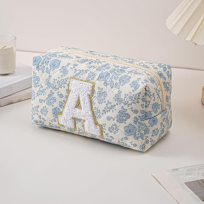 JOVAKIT Makeup Bag Cosmetic Bags for Women, Christmas Gifts for Girls Age 6-18, Alphabet Pink Floral Coquette Zipper Travel Makeup Pouch, Organizer Case Trendy Stuff (Pink+ Blue A)