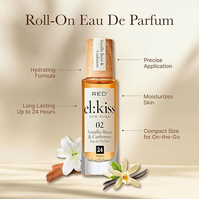 EL:KISS Roll On Perfume, Vanilla Bean & Cashmere Eau de Parfum 12mL (.40 Fl Oz), Hydrating & Long-Lasting, Alcohol-Free & Mineral Oil-Free, Infused with Jojoba, Argan & Coconut Oil