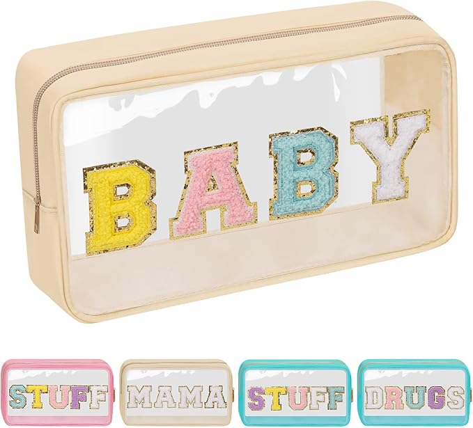 Iqimott Clear Patch Makeup Bag Baby Pouch, Preppy Personalized Chenille Letter Cosmetic Pouch for Travel, Nylon Waterproof Travel Essentials Zipper Toiletry Bags for Women Girls(BABY, Beige)