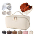 Makeup Bag, Travel Toiletry Bag for Women, Large Capacity Waterproof PU Leather Cosmetic Bags Make Up Organizer Bags with Headband and Wristband Set (White, Lychee Pattern)