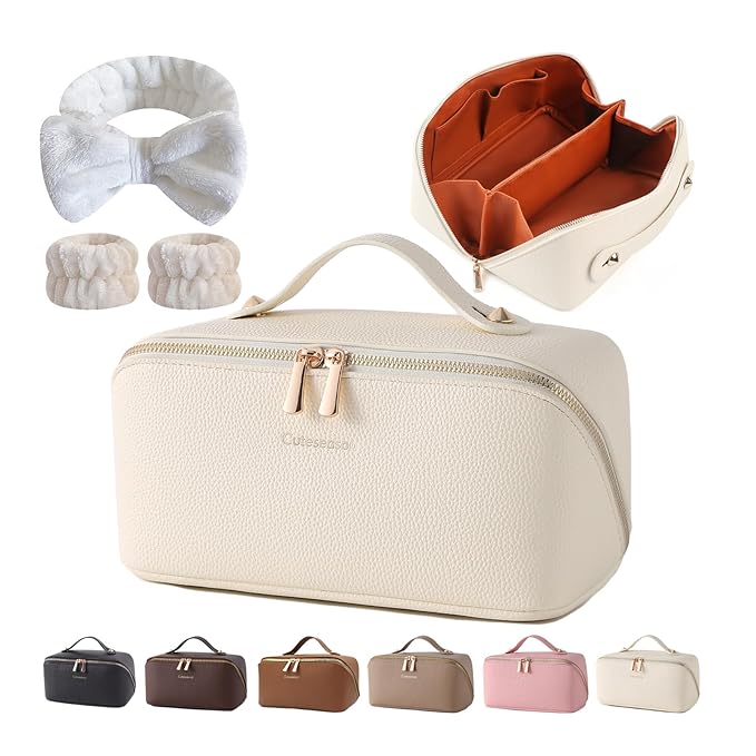 Makeup Bag, Travel Toiletry Bag for Women, Large Capacity Waterproof PU Leather Cosmetic Bags Make Up Organizer Bags with Headband and Wristband Set (White, Lychee Pattern)