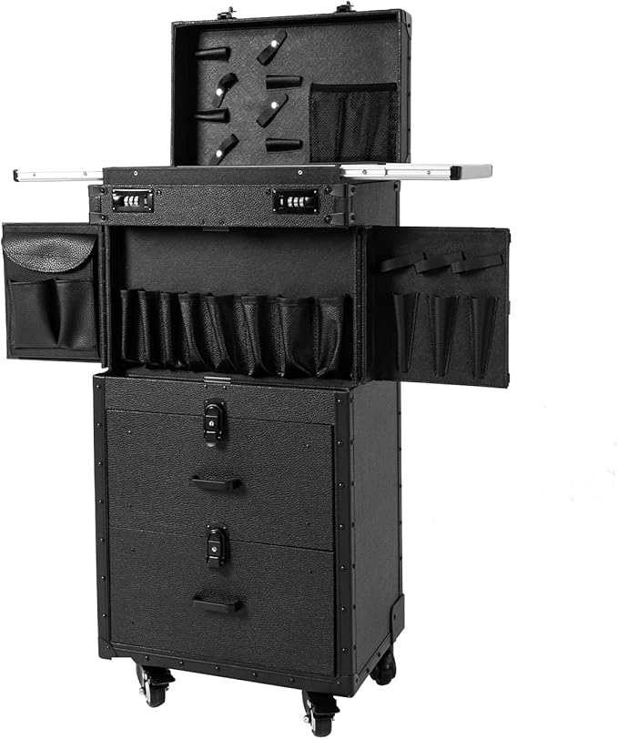 Large Capacity Cosmetic Train Case, Lockable Makeup Train Case with 4 Universal Casters, 32.28 Inch Tall Travel Organizer Tool Box for Barber Stores Beauty Stores Nail Salons