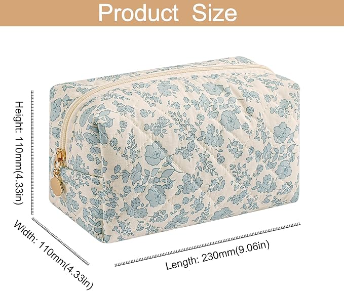 Cute Square Floral Cotton Makeup Cosmetic Bag for Women Girls, Travel Quilted Zipper Make Up Bag, Square Flowers Organizer Case Kawaii Makeup Cosmetic Travel Cloth Pouch (Blue Floral)