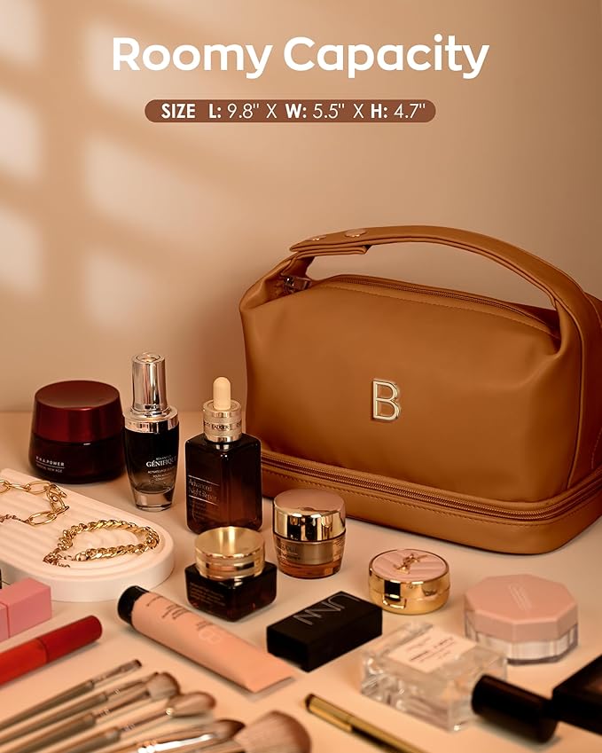 College Gifts for Women, Personalized Makeup Bag with Handle, Initial Double Layer Cosmetic Bag with Makeup Brush Organizer, Cute Cosmetic Pouch for Women, Gifts for Friends Female Mom