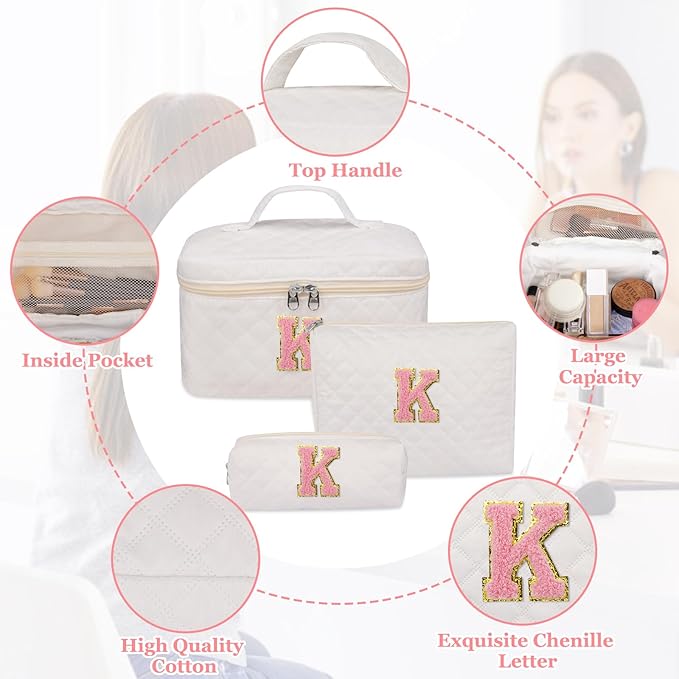 Initial Makeup Bag, Personalized Monogram Cosmetic Bag Set, Large Make up Bags | Travel Toiletry Bag | Makeup Bag for Girls Teen Girl Friend Sister Wife Girlfriend Gifts Daughter (Letter K)