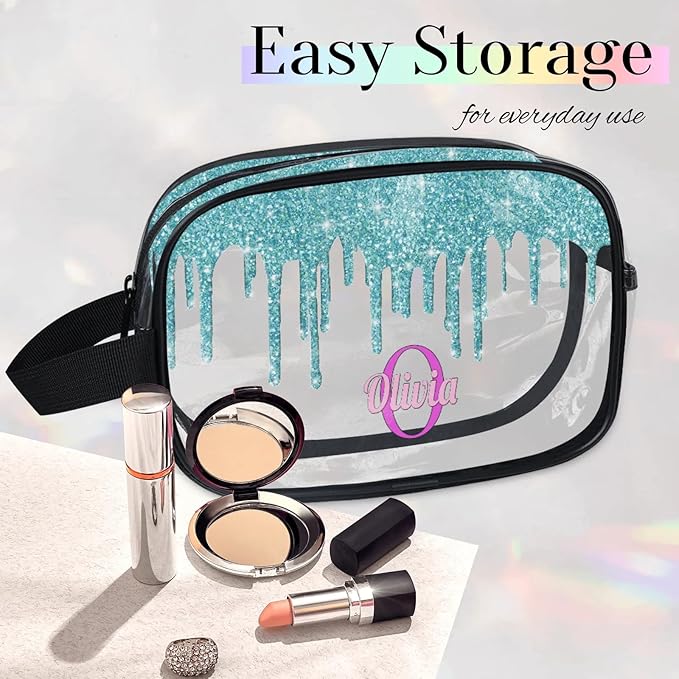 Custom Transparent Travel Toiletry Bag for Women, PVC Large Makeup Bag, Cosmetic Bag, Comestic Essentials for Women, Water Flow Shape Aqua Blue Shiny Glittering