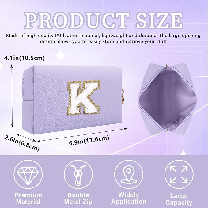Personalized Initial Letter Patch Makeup Bag, Preppy Small Chenille Cosmetic Bag with Zipper, PU Leather Waterproof Travel Toiletry Bag Monogram Make Up Pouch for Women Girls