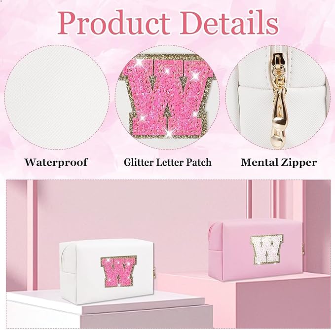 Small Personalized Glitter Initial Letter Makeup Bag, Cute PU Leather Chenille Letters Cosmetic Bag Travel Makeup Pouch, Preppy Travel Organizer Zipper Pouch for Women&Girls（WhiteRosePink-W）