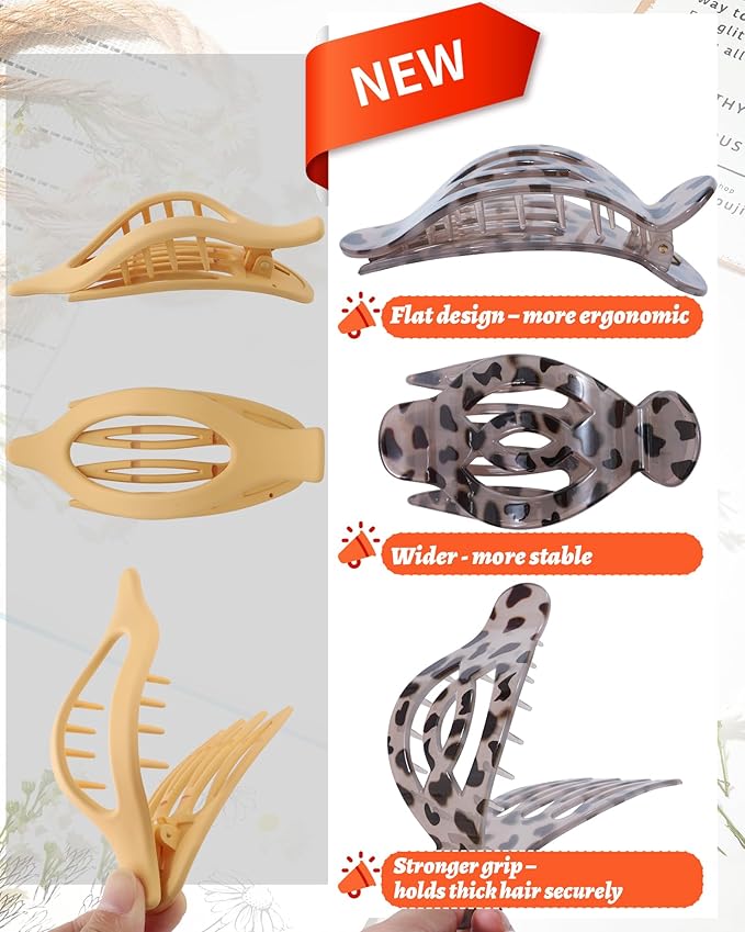 AWAYTR 6Pcs Upgrade Large Flat Hair Claw Clips for Women Girls, 5" Non-slip Duckbill Hair Clips for Long, Thick, Thin Hair, Comfortable for Driving & Lying Down (Glossy (Leopard Print))
