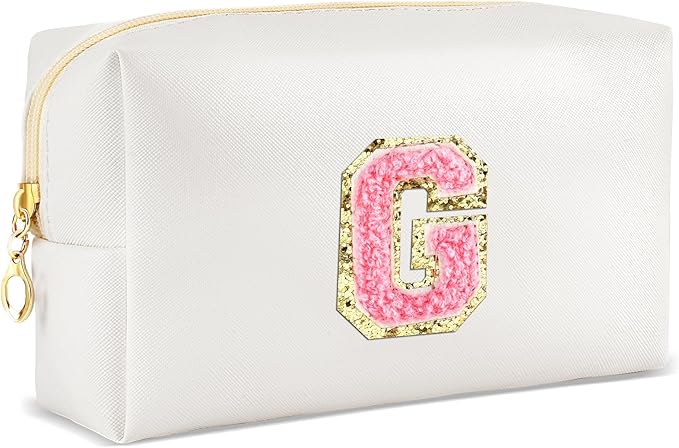 Initial Makeup Bag Personalized Preppy Travel Small Cosmetic Bag Cute PU White Chenille Letter Makeup Pouch for Purse Waterproof Zippered Toiletry Organizer for Women Girls Kids Friends (G)