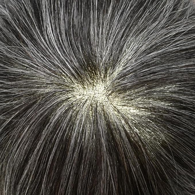 Mens Toupee Human Hair Piece French Lace Toupee for Man Hair System Indian Human Hair Replacement Systems V-Looped PU Front Hairpieces 8"X10" #1B30 1B# OFF BLACK WITH 30% SYNTHETIC GREY