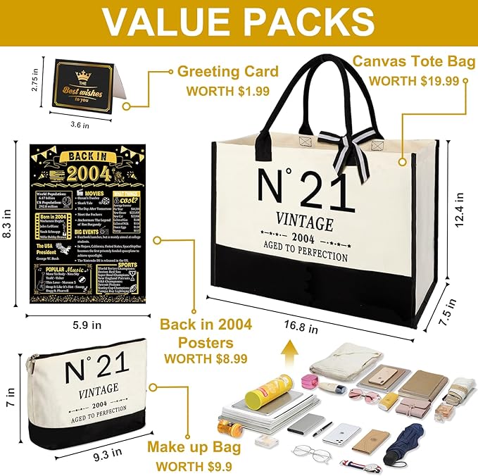 21st Birthday Gifts for Her Canvas Tote Bag Travel Gear, Unique 21 Years Old Gifts for Girlfriend Sister Coworker Friends Classmate Women, Vintage N°21 Handbag & Cosmetic Bag & Back in 2004 Poster