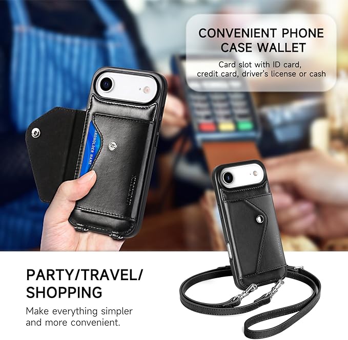 LUCKYCOIN Crossbody Wallet Phone Case for iPhone Air,100% Genuine Leather Wallet Phone Case with Expandable Flip Card Holder,Phone Purse for Women with Adjustable Removable Strap - Black