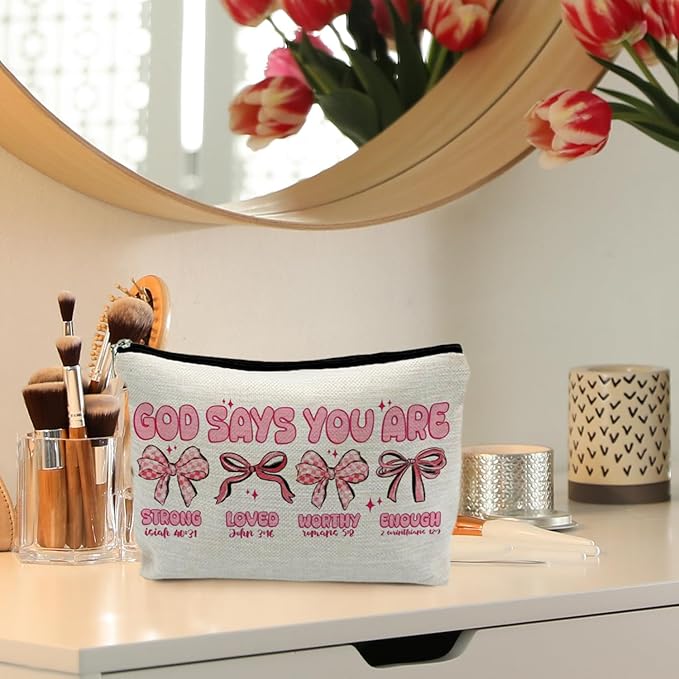 Coquette Preppy Pink Bow Makeup Bag, God Says You are Christian Bible Verse Cosmetic Bags Zipper Pouch for Women, Christian Gifts for Women, Faith Based Gifts Makeup Pouch