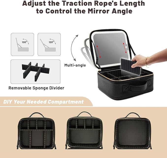 Portable Travel Cosmetic Bag with LED, 3-color Adjustable Cosmetic Organizer, Women's Cosmetic Case, Mirror Makeup Bag Case Rechargeable (Black)