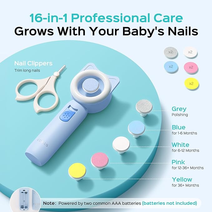 COSLUS Baby Nail Trimmer Electric: Gentle Baby Nail File with Quiet Design & 360° Light - Safe for Sleep Trim Grind, 16 in 1 Cute Nail Clipper Kit for Newborn Infant Toddler, C50, Blue