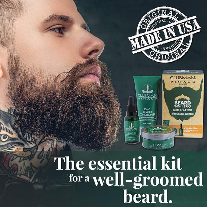 Clubman Pinaud 3-in-1 Beard Kit – Includes Conditioner, Beard Oil and Balm, Starter Kit for Men