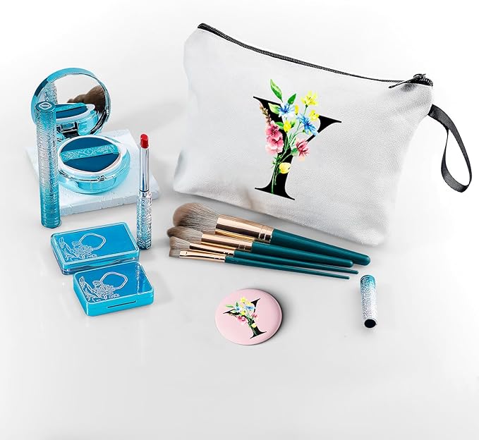 SEAMOON Women Birthday Unique Initial Funny Gifts for Teenage Girl Sister Friends Bridesmaid Personalized Travel Make up Cosmetic Bag with Mirror Valentines Mothers Day Christmas Graduation Y