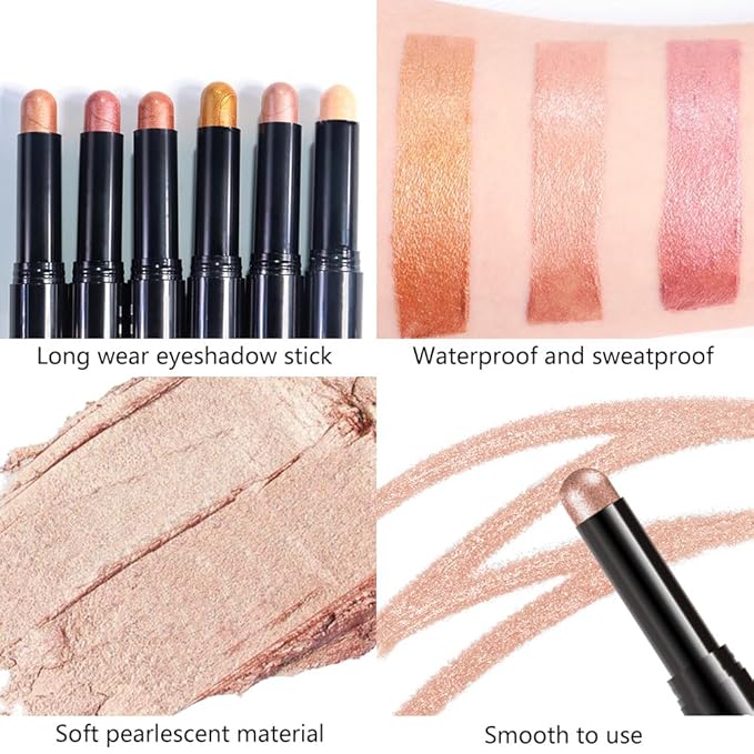 Champagne Shimmer Cream Eye Shadow Stick Makeup for Women, Champagne Shimmer Matte Eye Shadow Brightener Stick for Eyes, Waterproof Eyeshadow Pencil Applicator Blendable for Eye Highlight 04