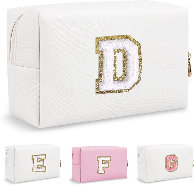Personalized Chenille Letter Preppy Makeup Bag, Mini Cute White Travel Cosmetic Bag Initial Toiletry Zipper Pouch Monogram Makeup Bag, Waterproof Makeup Case Travel Essentials for Women Girl(Letter D)