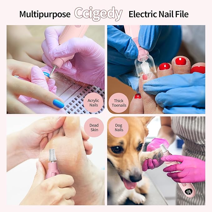 Professional Manicure Pedicure Electric Toenail Grinder Kit - Cordless Electric Nail File Set for Thick Nails Hand Feet Care ,15 Speed,Nail Drill with LED Display Ideal Gift for Men and Women-Pink
