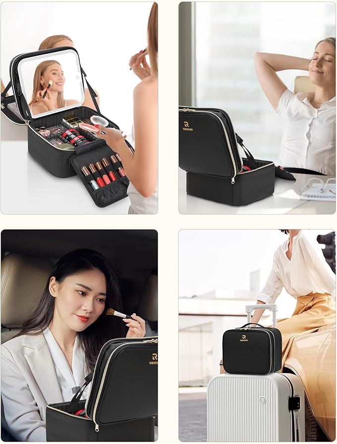 TANTO Travel Makeup Bag with LED Mirror Double Layer Makeup Case with Lighted Mirror Dual Layer Cosmetic Train Case Portable Artist Organizer Bag with Dividers and Rechargeable Vanity (Black, Small)
