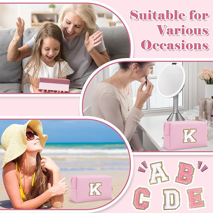 Personalized Initial A-Z Preppy Patch Makeup Bag,Small PU Chenille Letter Cosmetic Bag with Zipper for Teen Girls,Pink Cute Toiletry Organizer Bag,Monogram Makeup Case Gift for Women Girls,Letter K