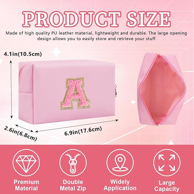 Personalized Initial Letter Patch Makeup Bag, Preppy Small Chenille Cosmetic Bag with Zipper, PU Leather Waterproof Travel Toiletry Bag Monogram Make Up Pouch for Women Girls