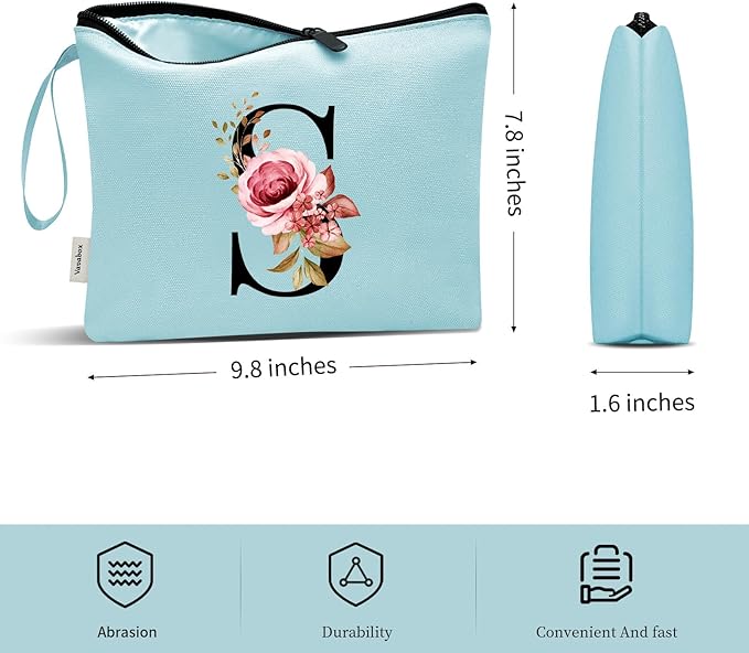 Vavabox A-Z Personalized Makeup Bag, Birthday Gifts for Women Mom, Gifts for Best Friend, Bride Bridesmaid Cosmetic bag (S, Green)