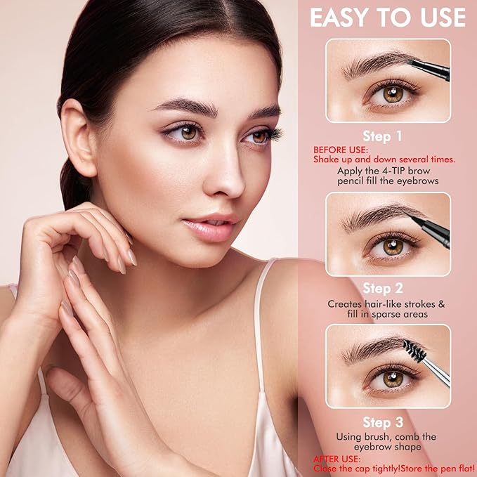 Eyebrow Pencil,2-in-1 Waterproof Eyebrow Pen with 4 Tip Brow Pen and Ultra-Precise Brow Pencil,with Dual-ended Eyebrow Brush,Eyebrow Makeup for Natural Looking Eyebrows - Ebony